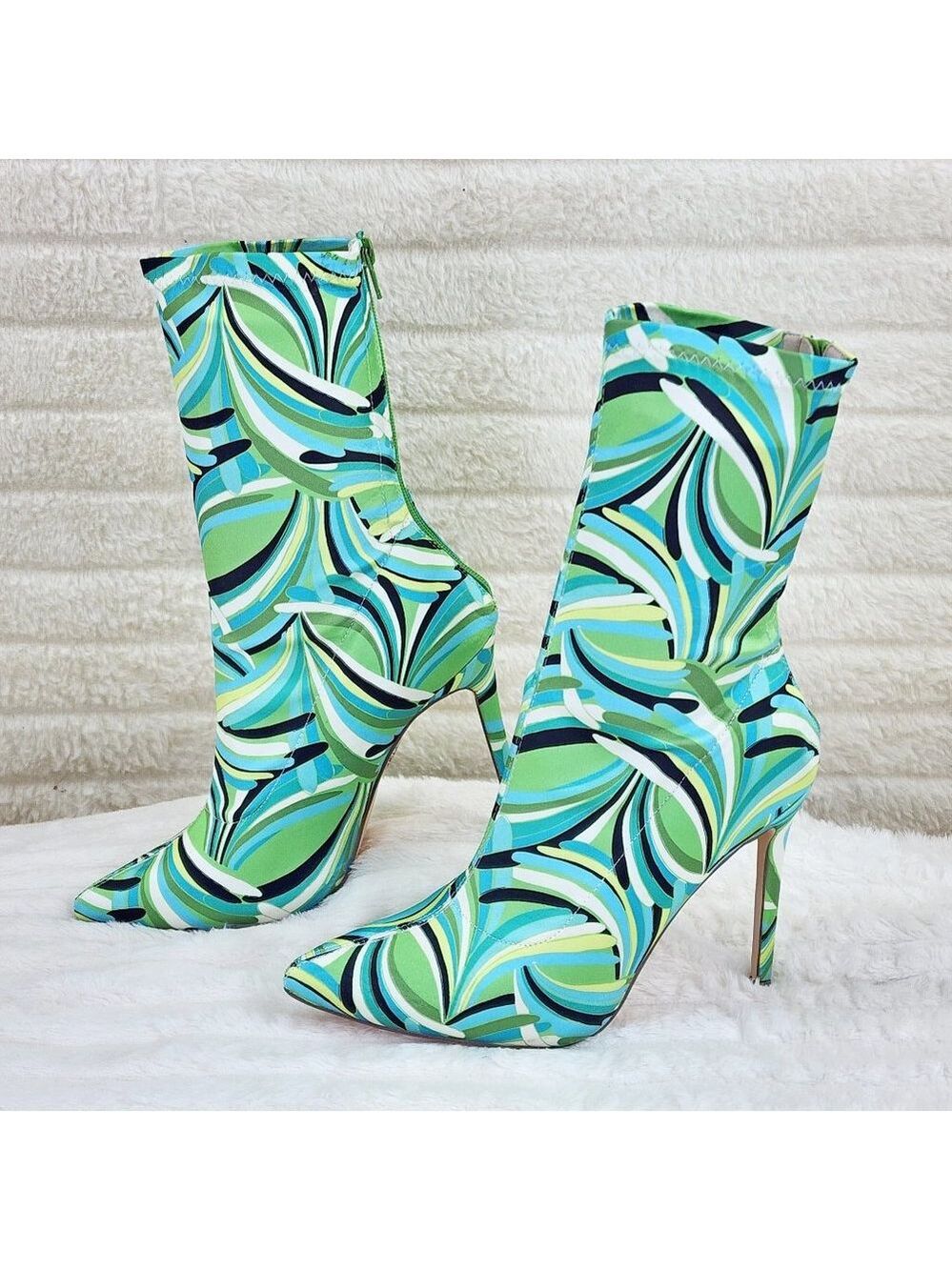 Odin Crazy Wild Color Pattern High Heel Stretch Fabric Ankle Boots - Green Blue - Picture 4 of 15